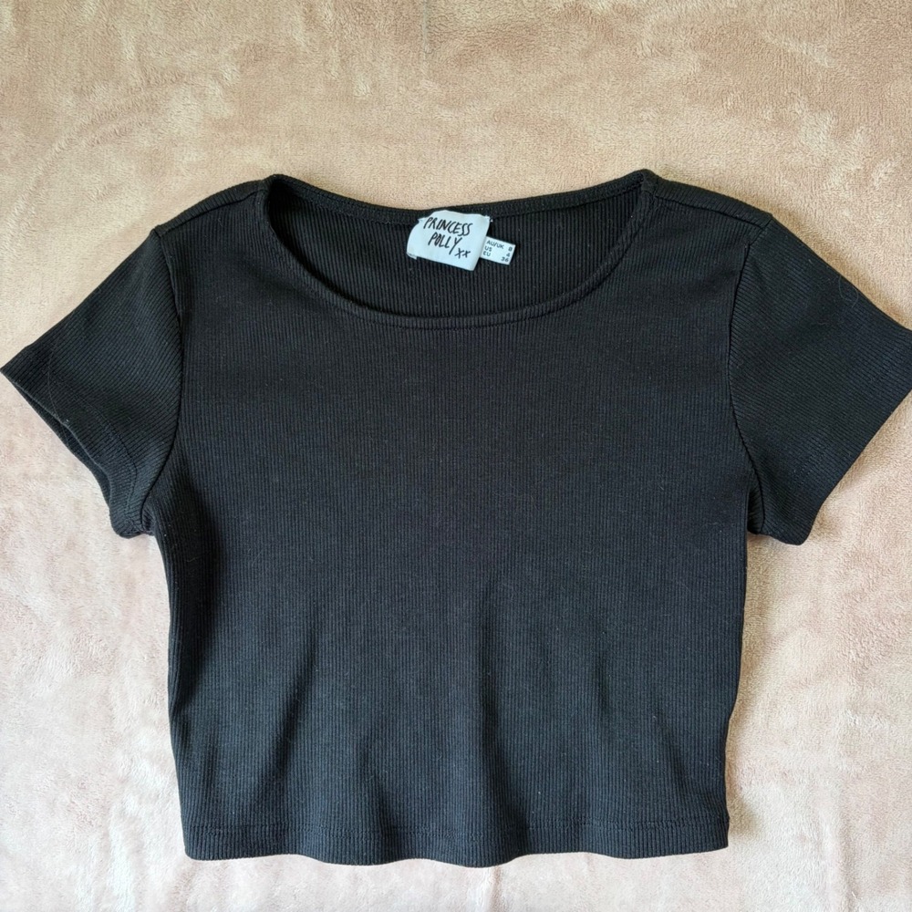 Princess Polly Womens Ribbed Crop Top Black Short Sleeve Scoop Neck Size 4